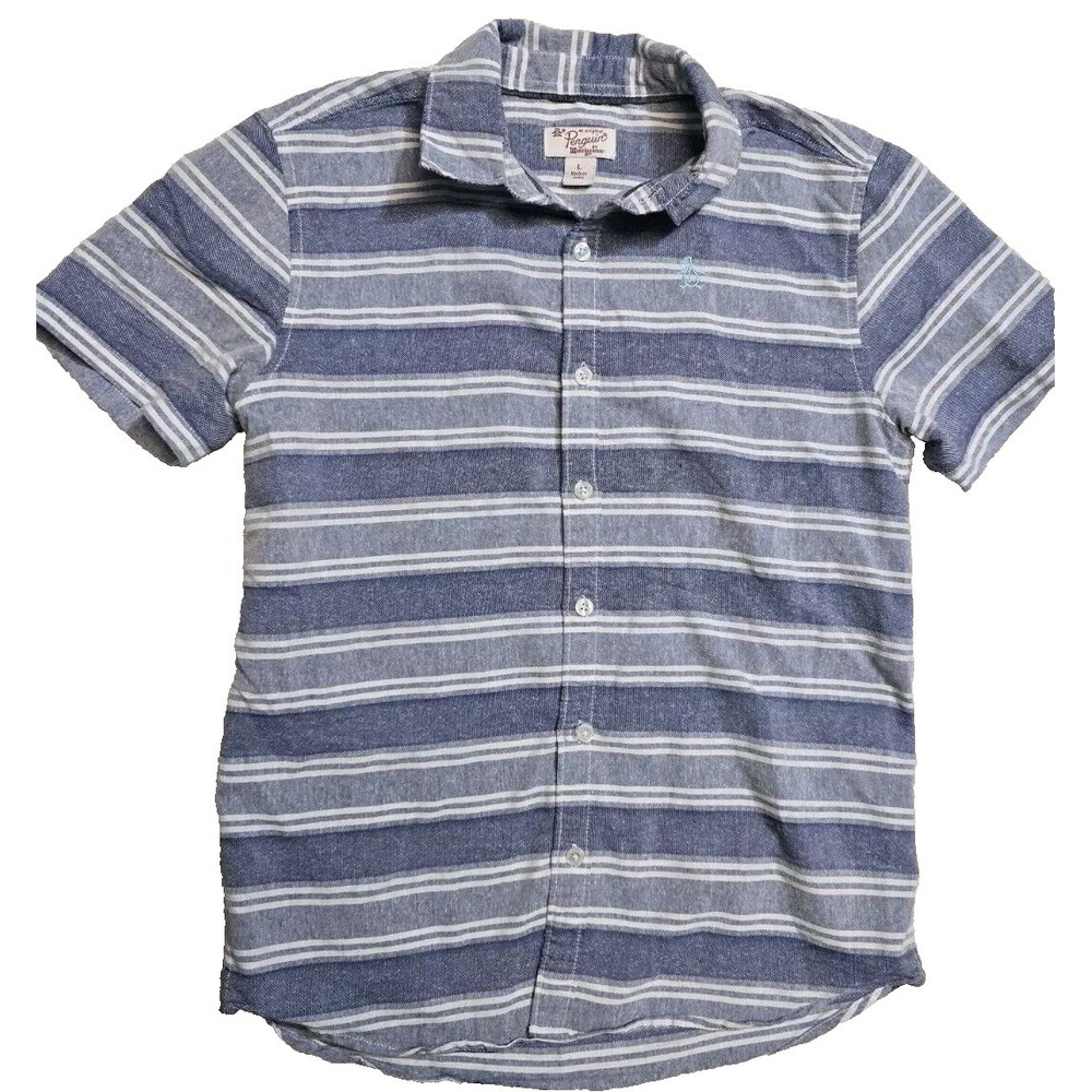 Penguin Boys Button Up Shirt Large Blue Gray‎ Striped Logo Embroidered Collar